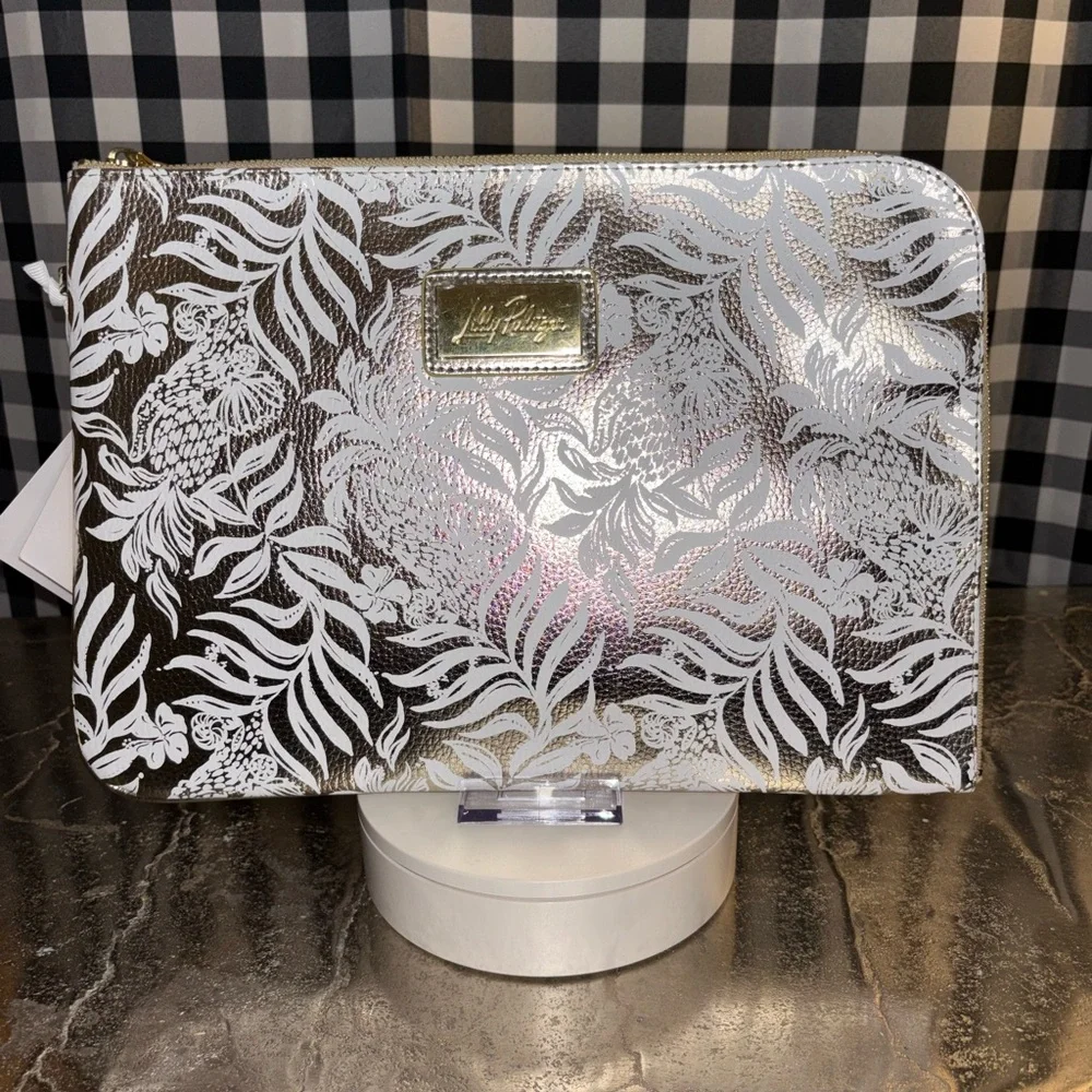 Lilly Pulitzer 13 x 9 Gold Metallic Floral Zip Electronics Pouch NWT